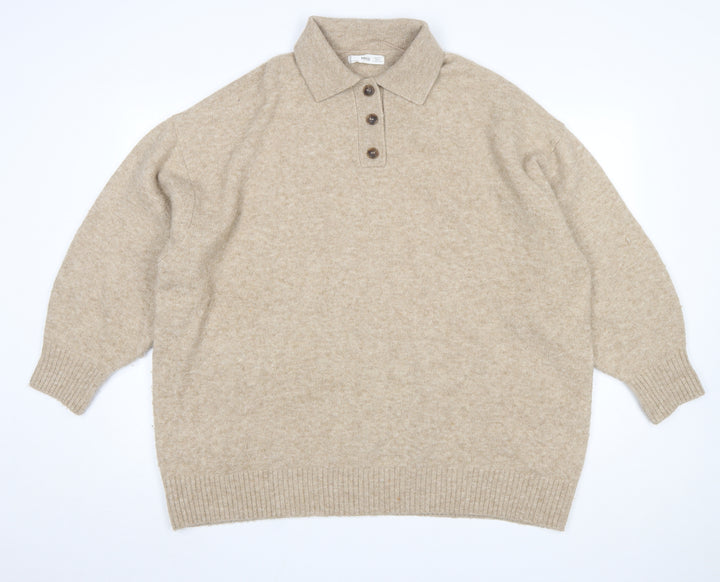 MNG Womens Beige Collared Henley Knit Jumper Size XL