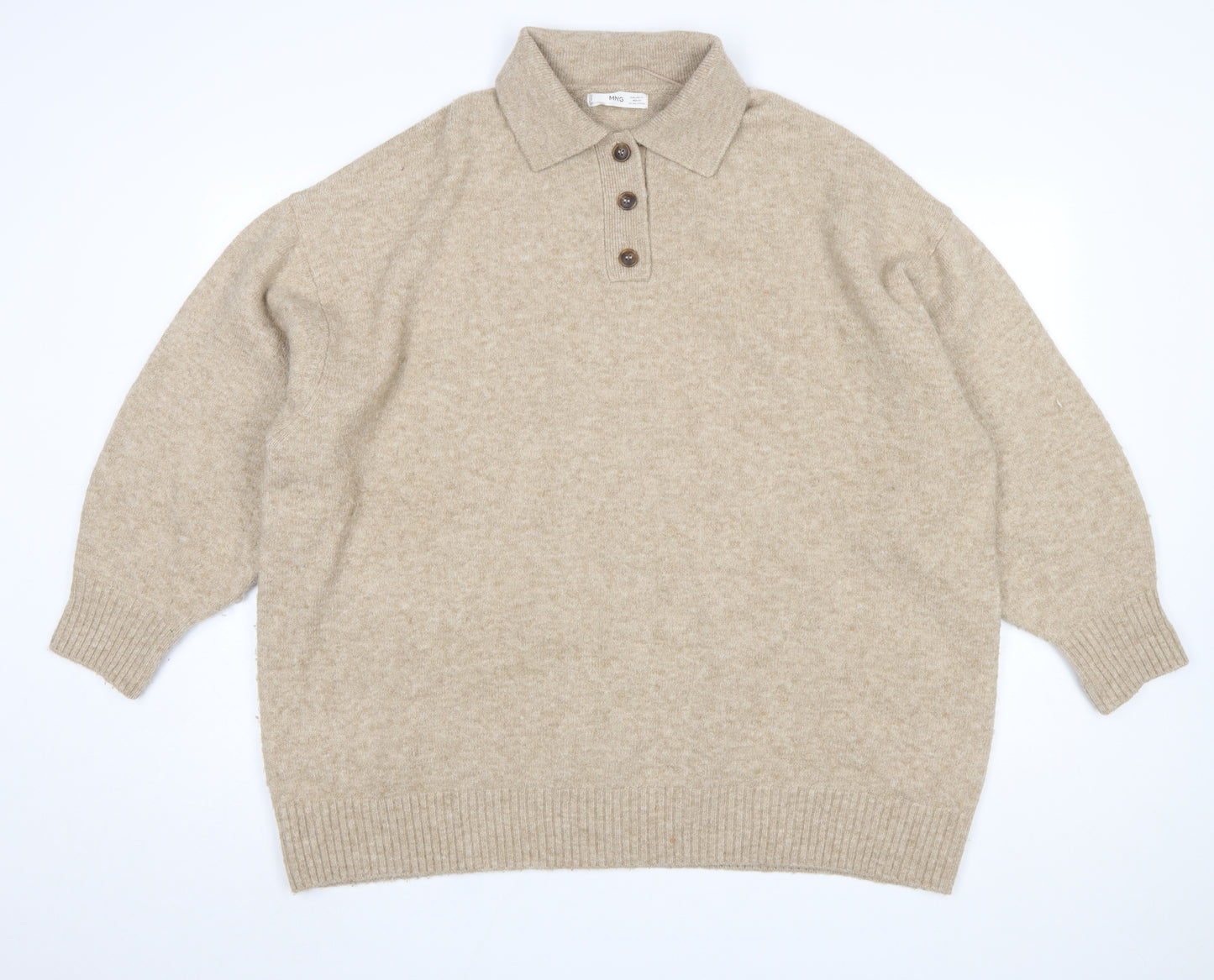 MNG Womens Beige Collared Henley Knit Jumper Size XL