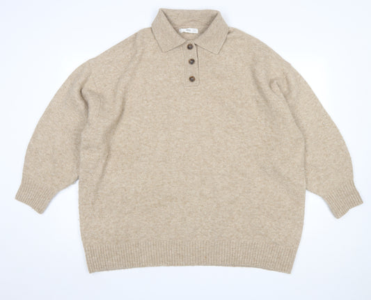 MNG Womens Beige Collared Henley Knit Jumper Size XL