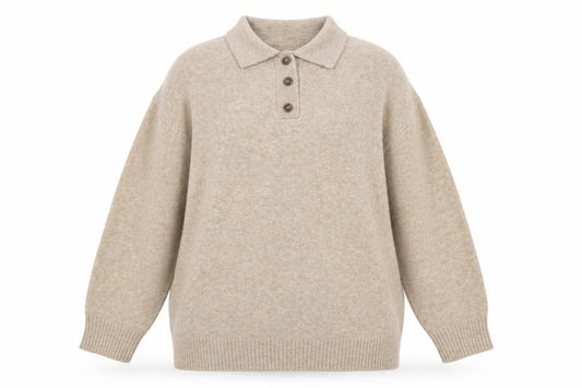 Front view of Mango women’s beige collared henley knit jumper, size XL