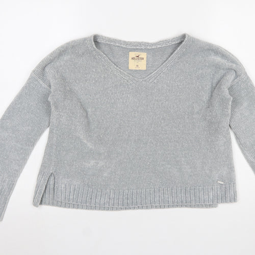 Hollister Women Grey V-Neck Knit Pullover Jumper XS