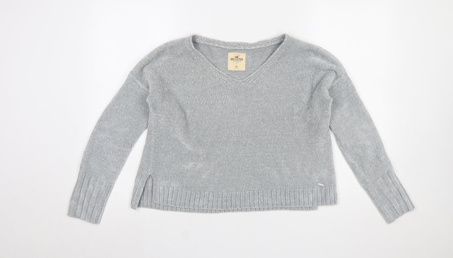 Hollister Women Grey V-Neck Knit Pullover Jumper XS