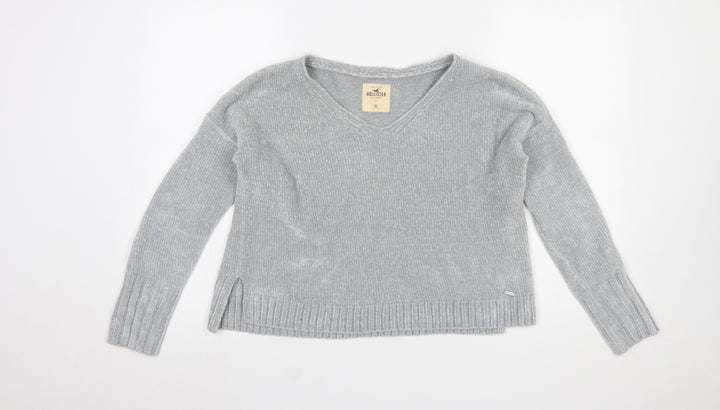Hollister Women Grey V-Neck Knit Pullover Jumper XS