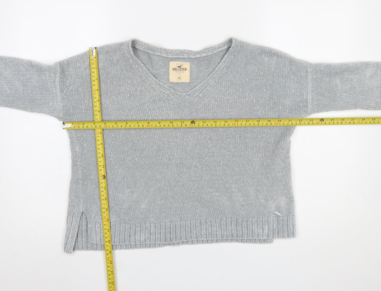 Hollister Women Grey V-Neck Knit Pullover Jumper XS