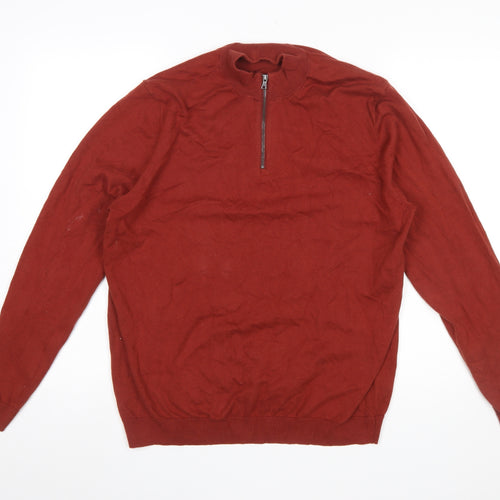 Marks and Spencer Men's Red 1/2 Zip Cotton Jumper Size L