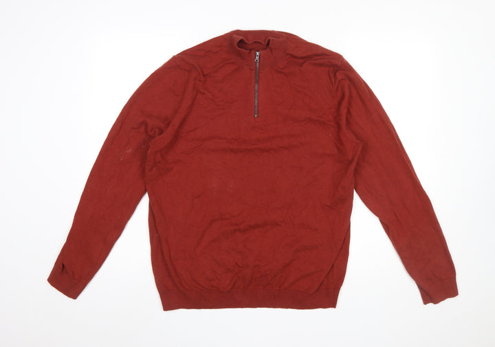 Marks and Spencer Men's Red 1/2 Zip Cotton Jumper Size L