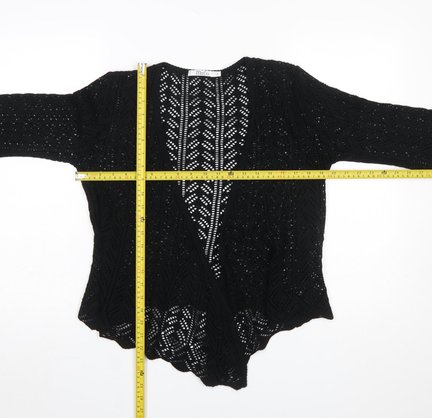 M&Co Womens Black Crochet Open Cardigan L V-Neck 3/4 Sleeve