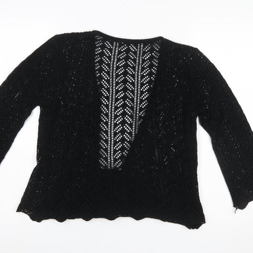 M&Co Womens Black Crochet Open Cardigan L V-Neck 3/4 Sleeve