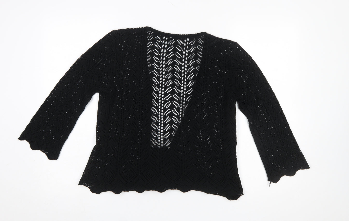 M&Co Womens Black Crochet Open Cardigan L V-Neck 3/4 Sleeve