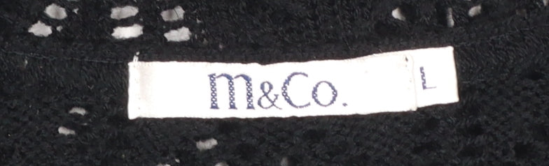 M&Co Womens Black Crochet Open Cardigan L V-Neck 3/4 Sleeve