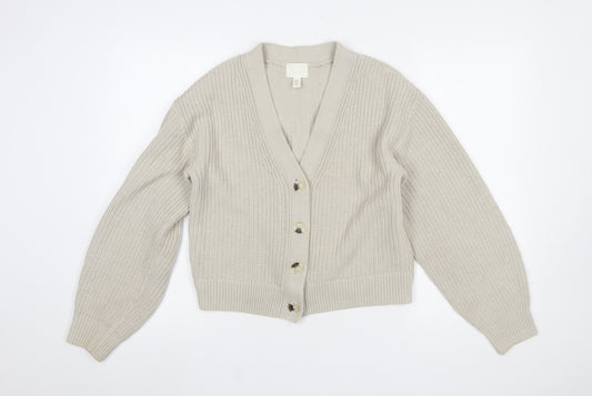 H&M Women Beige XS Chunky Knit V-Neck Long Sleeve Cardigan