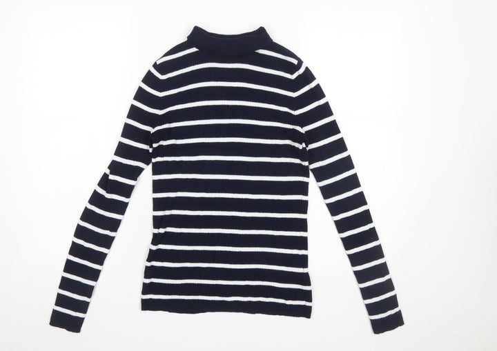 Marks and Spencer Women Blue Striped Mock Neck Jumper Size 10