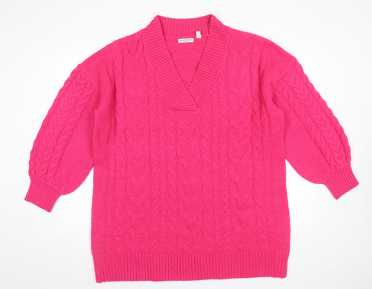 Brave Soul Women’s Pink Cable-Knit V-Neck Jumper Size L
