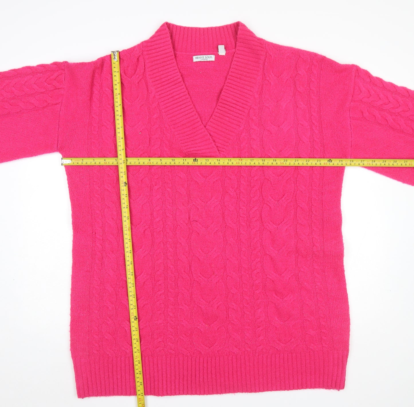 Brave Soul Women’s Pink Cable-Knit V-Neck Jumper Size L