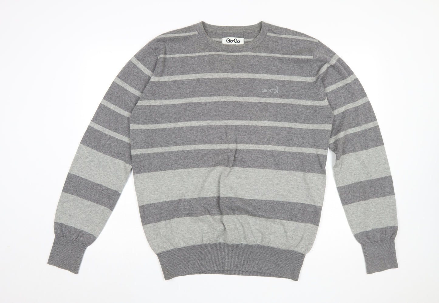 Gio-Goi Mens Grey Striped Cotton Crew Neck Pullover Jumper Large