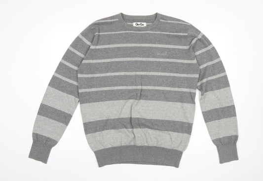 Gio-Goi Mens Grey Striped Cotton Crew Neck Pullover Jumper Large