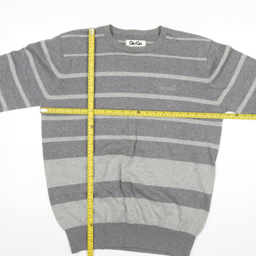 Gio-Goi Mens Grey Striped Cotton Crew Neck Pullover Jumper Large