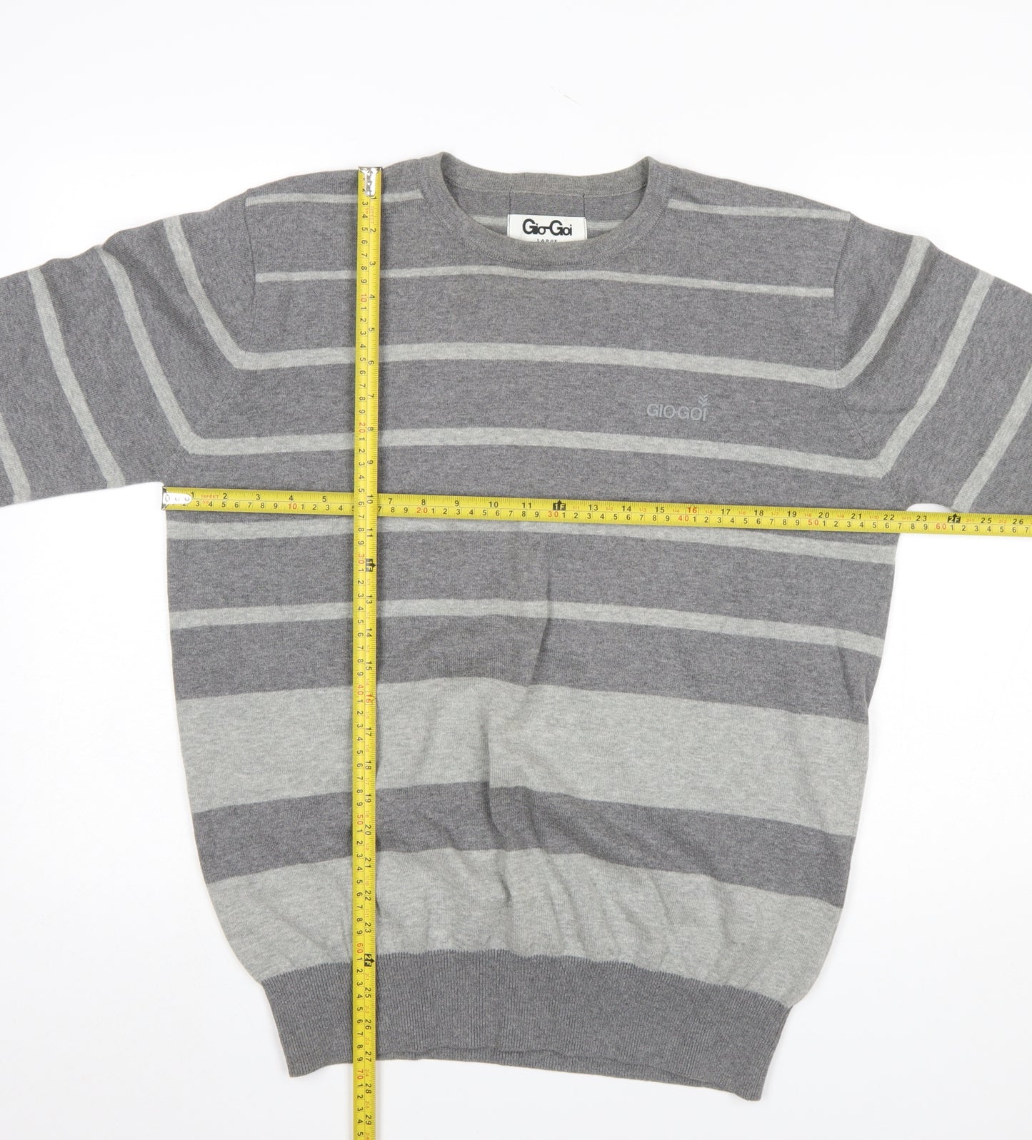 Gio-Goi Mens Grey Striped Cotton Crew Neck Pullover Jumper Large