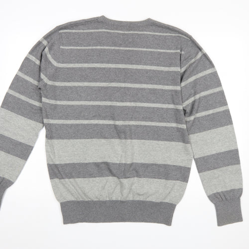 Gio-Goi Mens Grey Striped Cotton Crew Neck Pullover Jumper Large