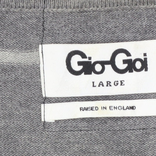 Gio-Goi Mens Grey Striped Cotton Crew Neck Pullover Jumper Large