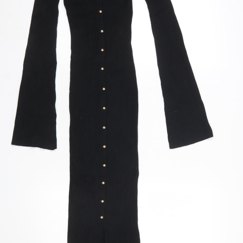 H&M Women’s Black Bodycon Long Sleeve Button Ribbed Midi Dress XS