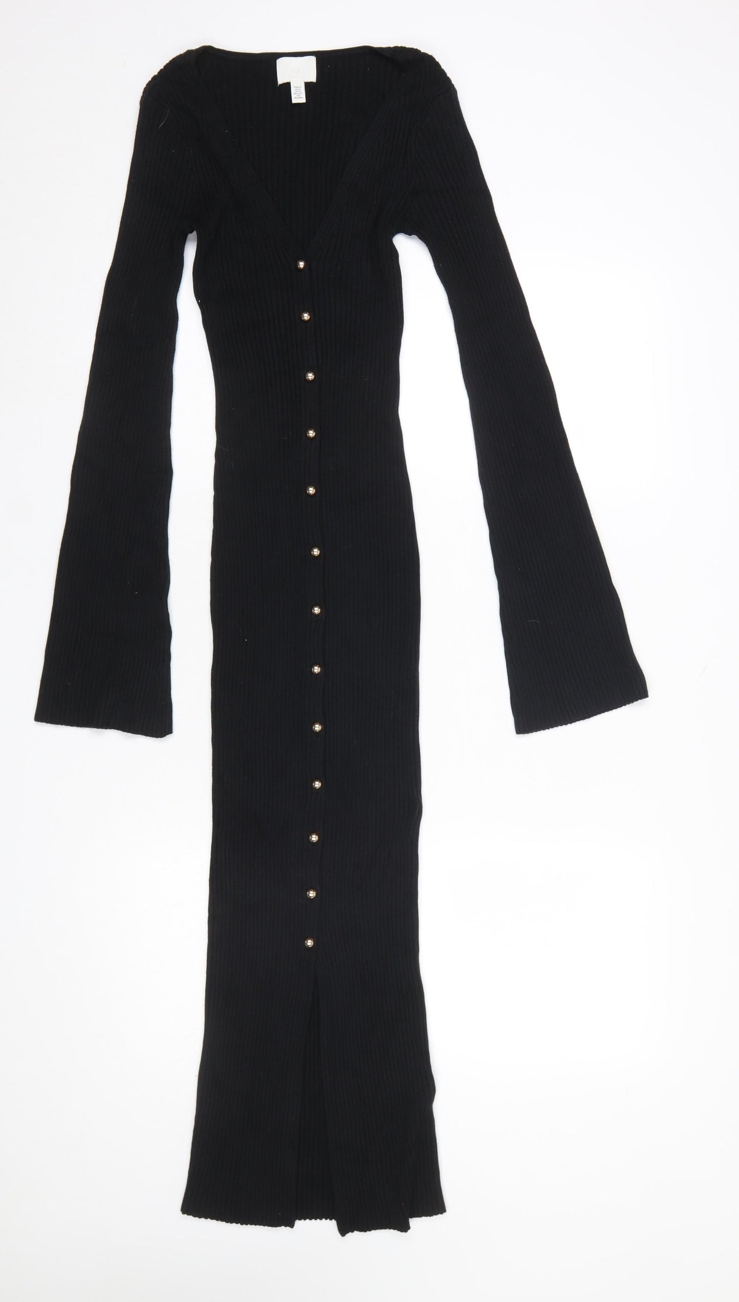 H&M Women’s Black Bodycon Long Sleeve Button Ribbed Midi Dress XS