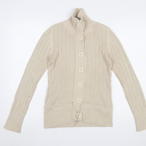 H&M L.O.G.G Women Beige Cotton Cable-Knit High Neck Cardigan S
