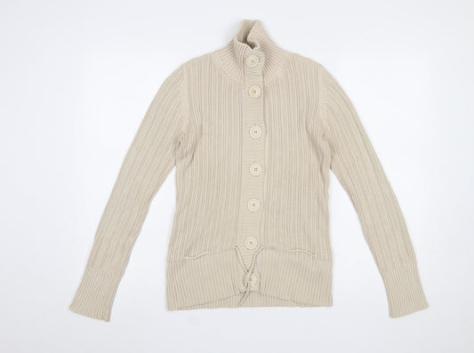 H&M L.O.G.G Women Beige Cotton Cable-Knit High Neck Cardigan S