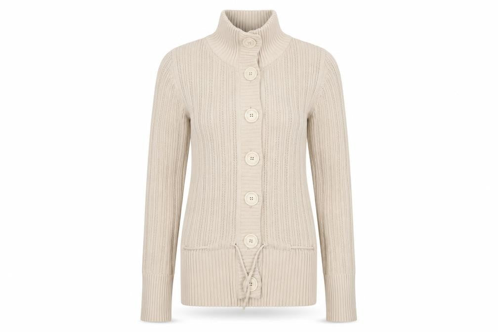 H&M L.O.G.G Women Beige Cotton Cable-Knit High Neck Cardigan S