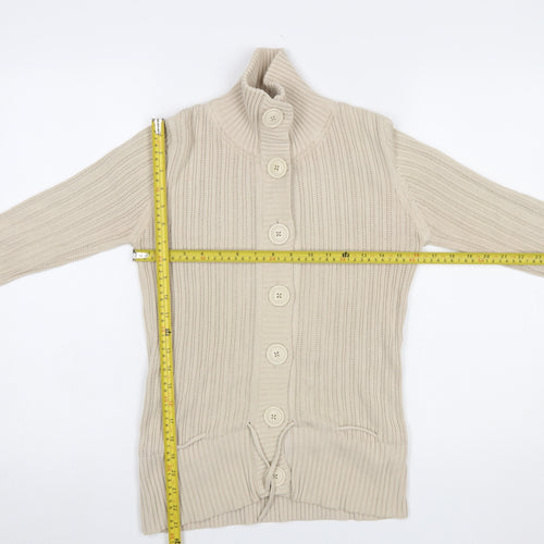 H&M L.O.G.G Women Beige Cotton Cable-Knit High Neck Cardigan S