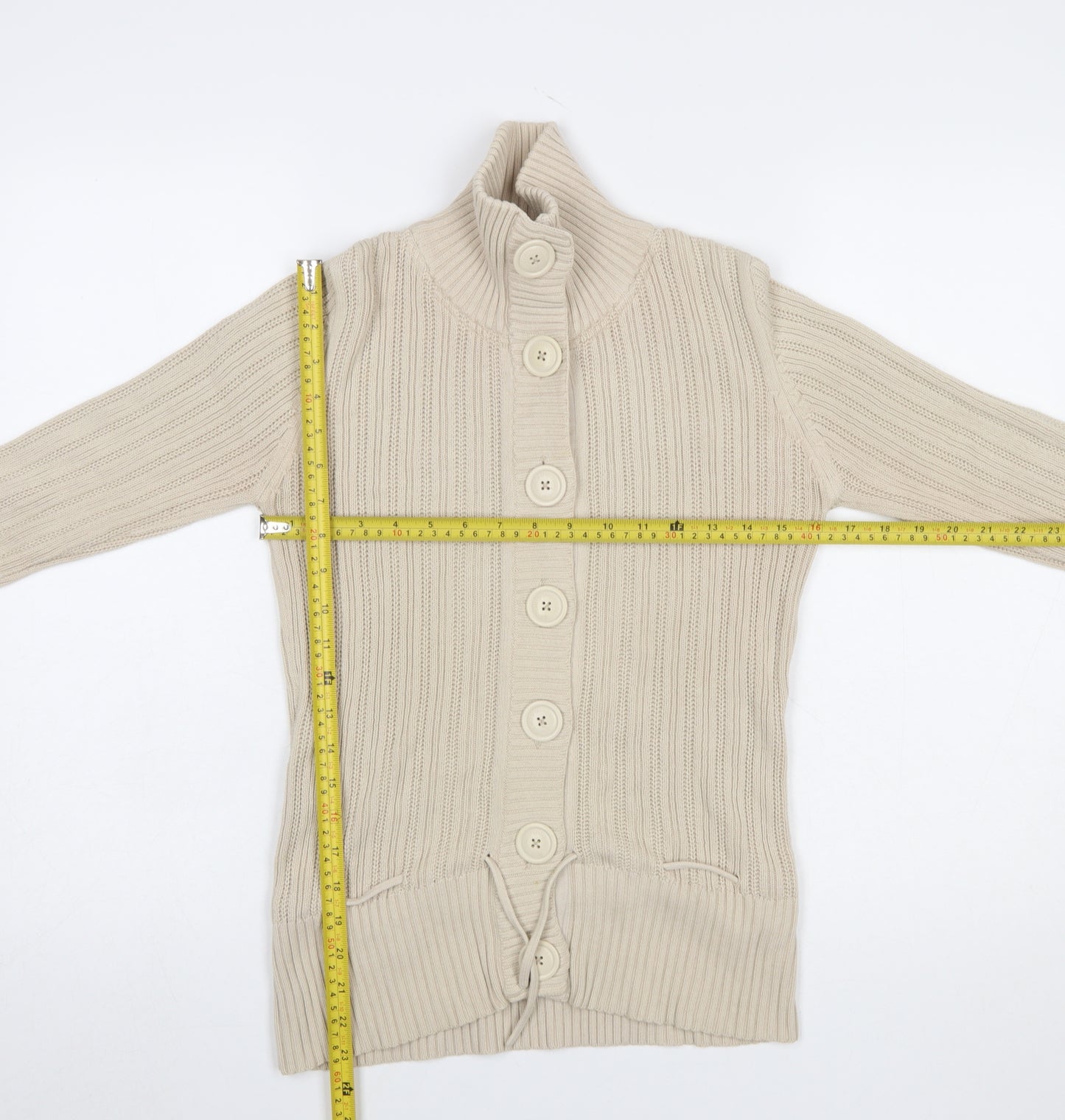 H&M L.O.G.G Women Beige Cotton Cable-Knit High Neck Cardigan S