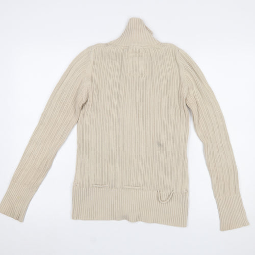 H&M L.O.G.G Women Beige Cotton Cable-Knit High Neck Cardigan S