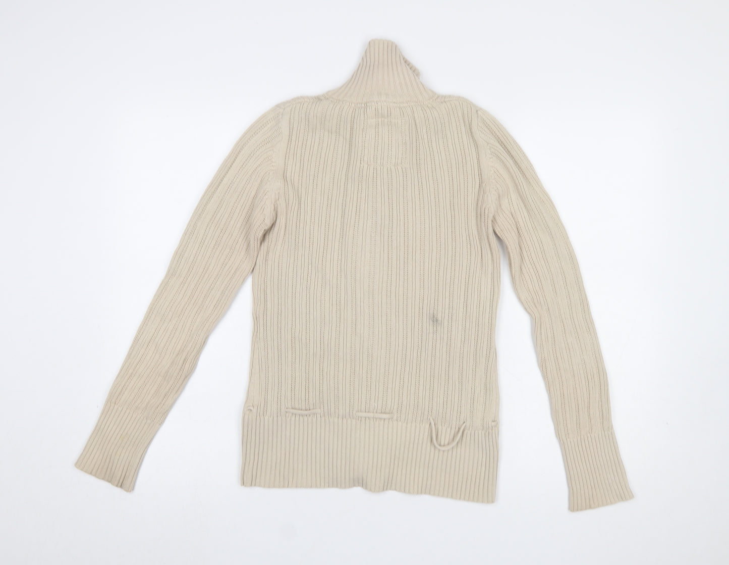 H&M L.O.G.G Women Beige Cotton Cable-Knit High Neck Cardigan S