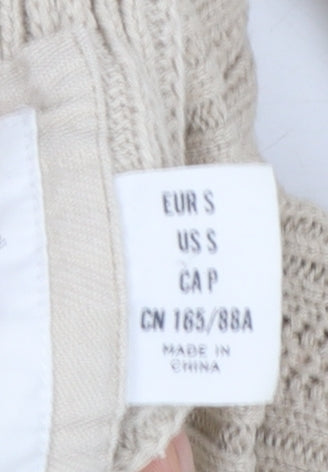 H&M L.O.G.G Women Beige Cotton Cable-Knit High Neck Cardigan S
