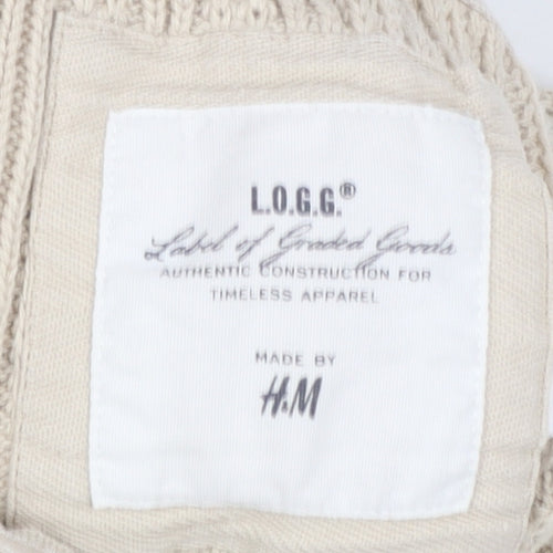 H&M L.O.G.G Women Beige Cotton Cable-Knit High Neck Cardigan S