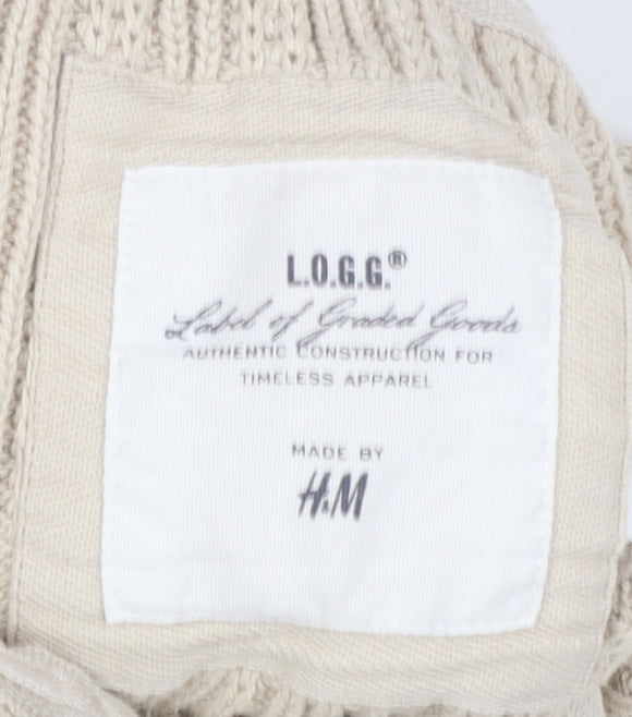 H&M L.O.G.G Women Beige Cotton Cable-Knit High Neck Cardigan S