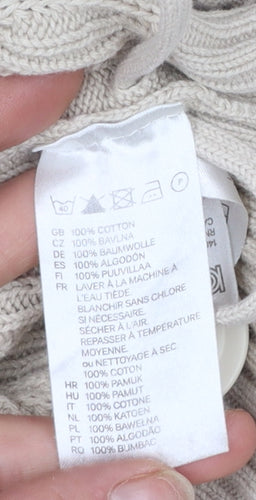 H&M L.O.G.G Women Beige Cotton Cable-Knit High Neck Cardigan S