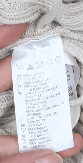 H&M L.O.G.G Women Beige Cotton Cable-Knit High Neck Cardigan S