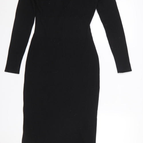 H&M Women’s Black Knit Bodycon Midi Dress Size L Long Sleeve