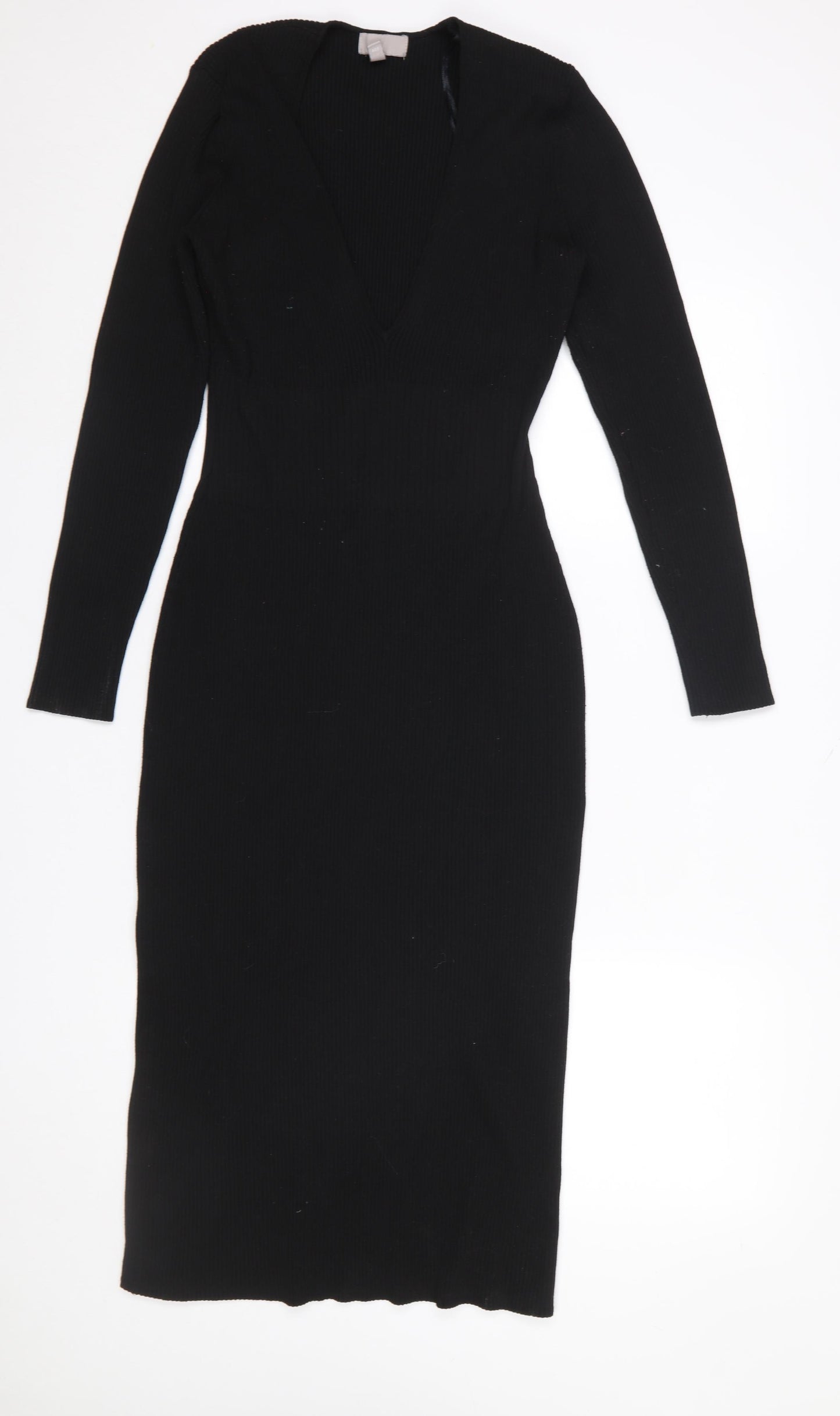 H&M Women’s Black Knit Bodycon Midi Dress Size L Long Sleeve