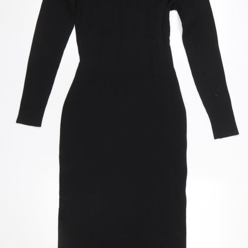H&M Women’s Black Knit Bodycon Midi Dress Size L Long Sleeve