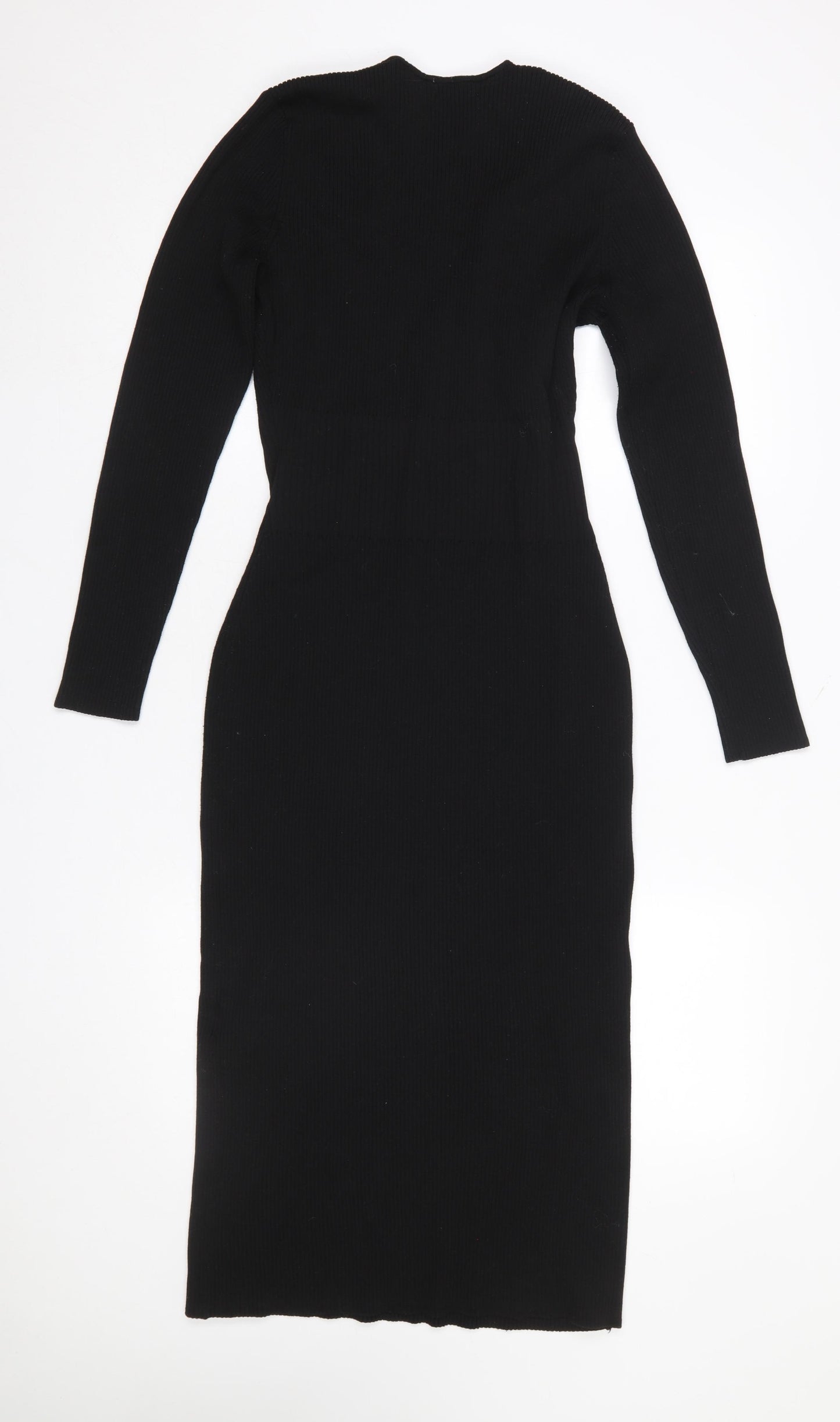 H&M Women’s Black Knit Bodycon Midi Dress Size L Long Sleeve