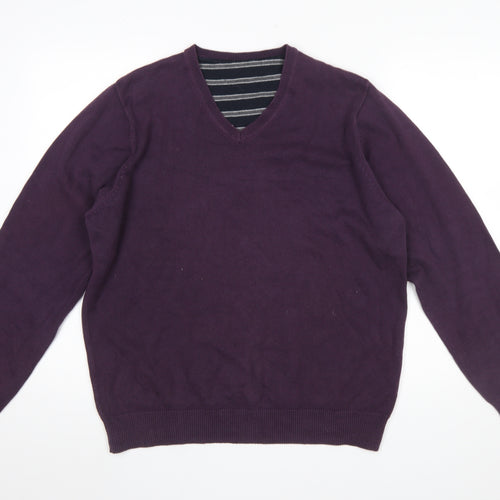 Marks and Spencer Men’s Purple Cotton V-Neck Jumper Size L