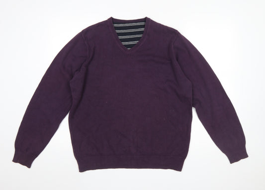 Marks and Spencer Men’s Purple Cotton V-Neck Jumper Size L