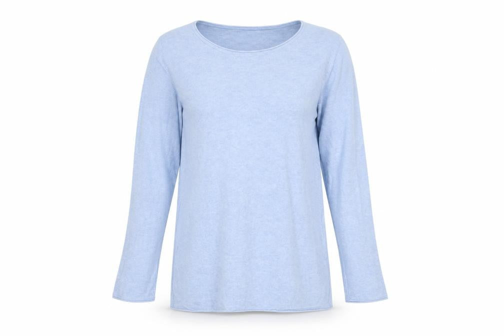 Front view of H&M women’s blue cotton long sleeve jumper, size UK 14, regular fit