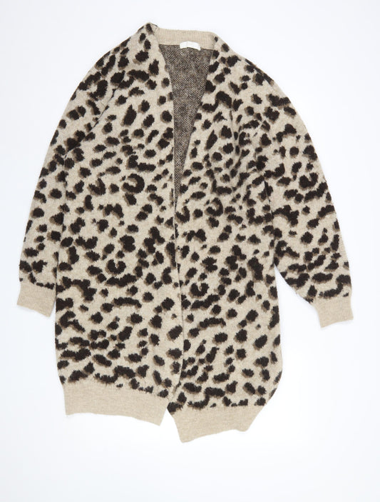 H&M Women Beige Leopard Print Open Cardigan M Knit Long Sleeve