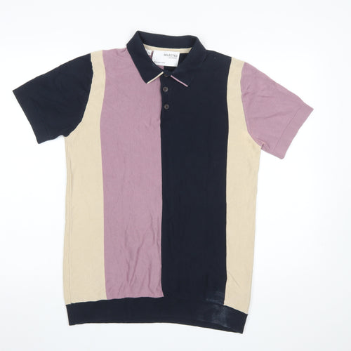 Selected Homme Men’s Colourblock Polo Shirt Black Beige Purple Size S