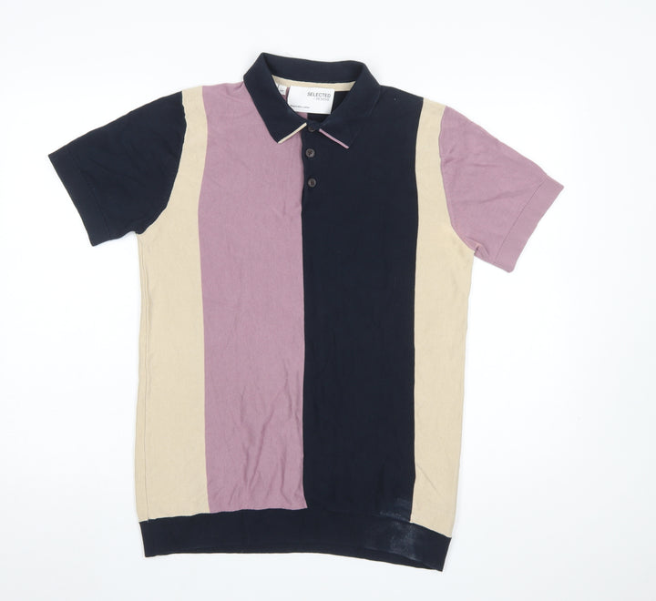 Selected Homme Men’s Colourblock Polo Shirt Black Beige Purple Size S