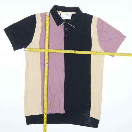 Selected Homme Men’s Colourblock Polo Shirt Black Beige Purple Size S