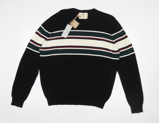 Threadcare Men's Black Striped Cotton Crew Neck Pullover Jumper XL